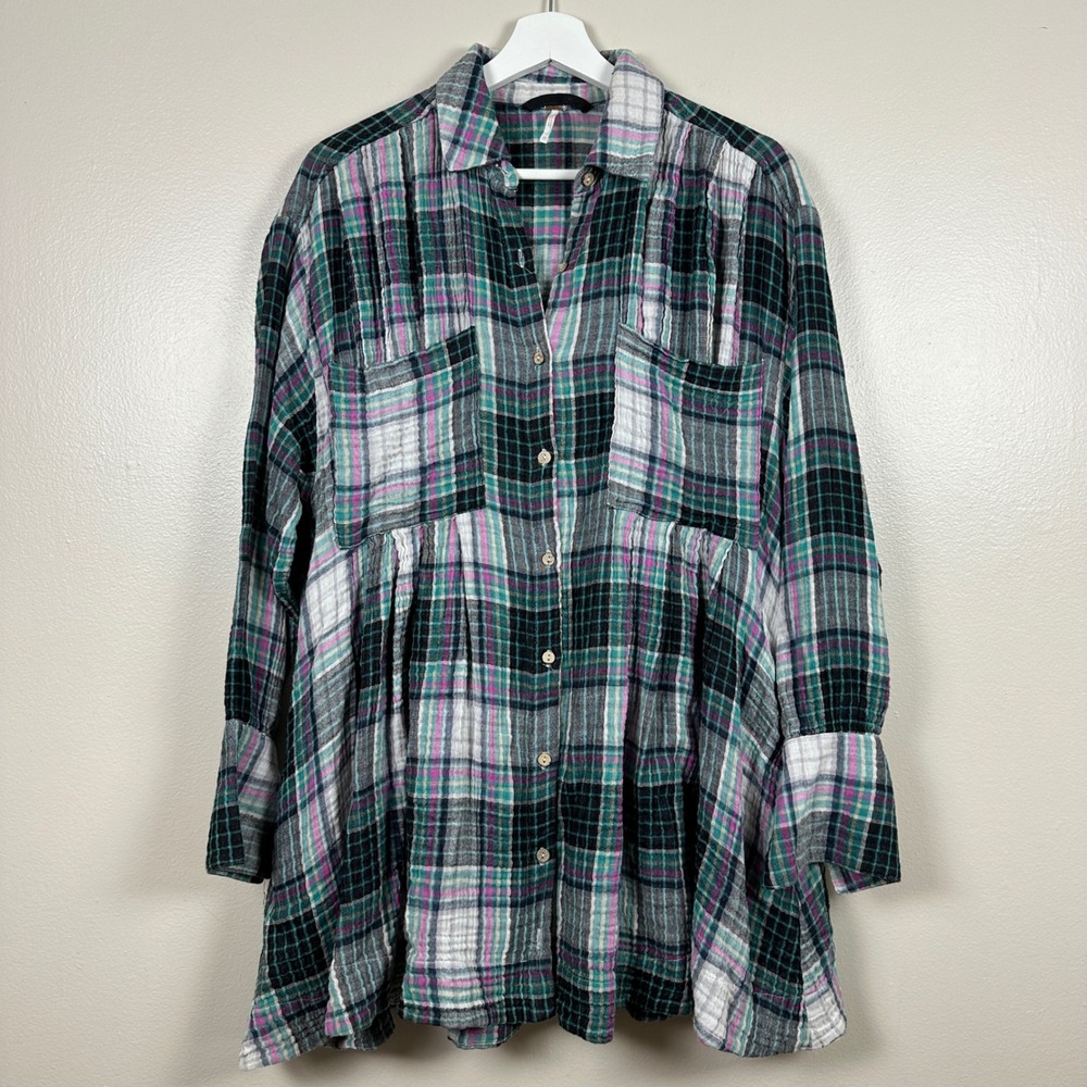 Free People Women's XS Tunic Shirt Teal Plaid Gauze Oversized Button Down